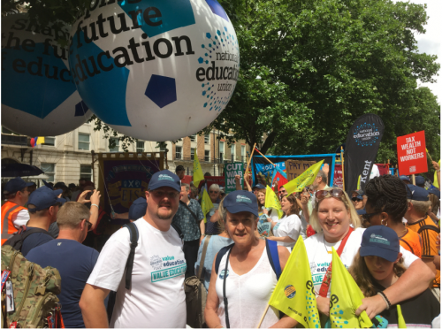 As part of this campaign, Leicester NEU members joined the TUC organised ‘We Demand Better’ march and rally in London on 18th June. The picture shows Joseph Wyglendacz, Jenny Day and Sam Lane amongst thousands on the march.